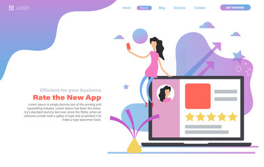 Vector web header template of woman give a five star rating from mobile