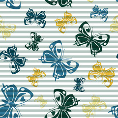 Flying butterfly silhouettes over striped background vector seamless pattern.