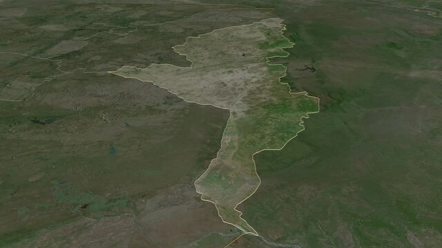 Manicaland, province with its capital, zoomed and extruded on the satellite map of Zimbabwe in the conformal Stereographic projection. Animation 3D