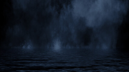 Mystic blue fog on coastal. Paranormal smoke on black background. Stock illustration. Reflection on water.