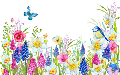 beautiful flower background with bird blue and field flowers - 357783935