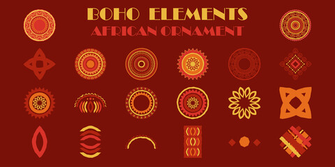 Set: African elements. Geometry. Logo. Design with manual hatching. Textile. Ethnic boho ornament. Vector illustration for web design or print.