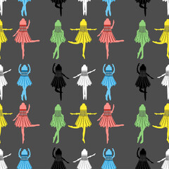 Seamless pattern multi-colored ballerinas dancing in different poses on a grey background