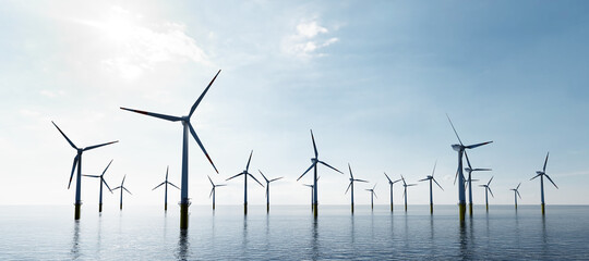 Offshore wind turbines farm on the ocean. Sustainable energy - obrazy, fototapety, plakaty