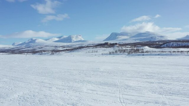 Flying towards Lapporten. The Lapponian Gate. Swedish Lapland.
