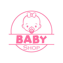 Concepto tienda de moda infantil. Logotipo lineal con texto Baby Shop en círculo con cara de bebé chica con chupete en color rosa