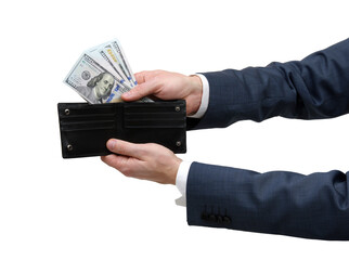 Businessman holding money cash in hands and wallet.