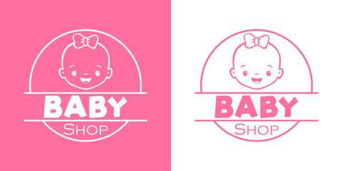 Concepto tienda de moda infantil. Logotipo lineal con texto Baby Shop en círculo con cara de bebé chica sonriendo en fondo rosa y fondo blanco