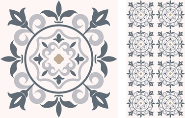 Seamless Azulejo tile. Portuguese and Spain decor. Islam, Arabic, Indian, Ottoman motif. Vector Hand drawn background