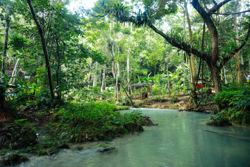 Jamaica,Ocho Rios,19 December 2019: Resort park- Blue hole shack with waterfalls in wild nature  in Jamaica,Ocho Rios. 
