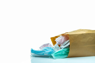 Used surgical face mask in brown paper bag isolated on white background. Medical waste. Infectious waste from coronavirus crisis. Used medical face mask waiting for disposal with hygienic process.