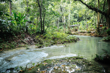 Fototapeta na wymiar Resort park- Blue hole shack with waterfalls in wild nature in Jamaica,Ocho Rios. 