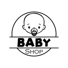 Obraz premium Concepto tienda de moda infantil. Logotipo lineal con texto Baby Shop en círculo con cara de bebé chico con chupete en color negro