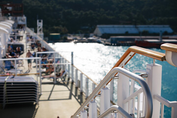 View of passengers on deck cruise chip Norwegian Getaway embark in port Jamaica.