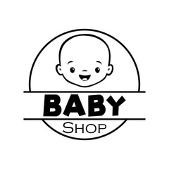 Concepto tienda de moda infantil. Logotipo lineal con texto Baby Shop en círculo con cara de bebé chico sonriendo en color negro