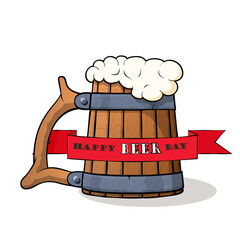 Wooden beer mug with beer and froth