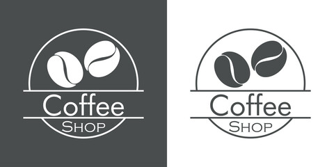 Naklejka premium Concepto tienda de café. Logotipo lineal con texto Coffee Shop en círculo con granos de café en fondo gris y fondo blanco