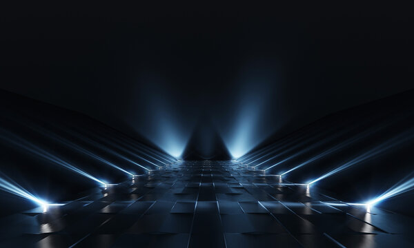 Background of empty dark podium with lights and tile floor. 3d rendering
