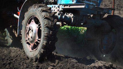The tractor cultivates and cuts furrows in the field. Tractor work in the black soil field in the village