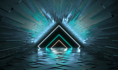 Futuristic background with neon shapes of a triangle and reflection. 3d rendering