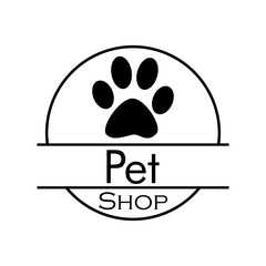 Concepto tienda de mascotas. Logotipo lineal con texto Pet Shop en círculo con huella de animal en color negro