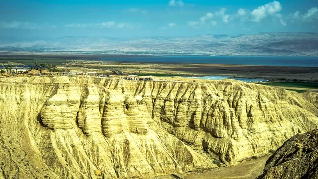 Tourists visiting the Qumran Caves, an historical and archaeological site near the Dead Sea, where the Dead Sea Torah scrolls have been discovered; Israel time lapse