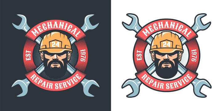 Mechanical repair service with beard man in helmet, wrench and ribbon - vintage logo. Industrial retro emblem. Vector illustration.