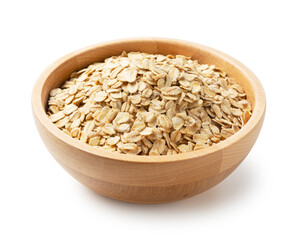 Oatmeal in a wooden bowl set against a white background.