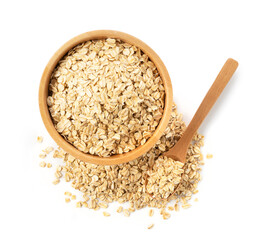 Oatmeal and wooden spoon on a white background