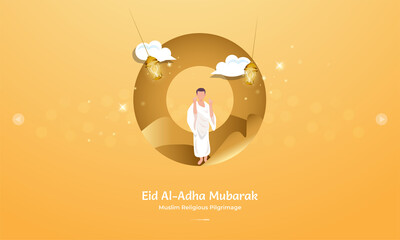 Islamic Eid al Adha greeting concept with muslim hajj pilgrimage