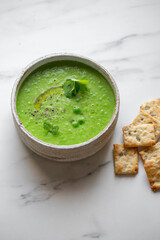 Plate of summer delicious traditional finnish pea soup.Creamy pea soup