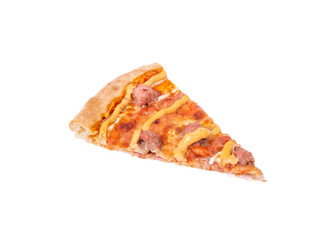 A slice of salsiccia pizza with beef sausages, mozzarella, various sauces and marinated red onions, isolated on white background with clipping path, angle view