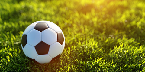 Fototapeta premium Soccer, football ball on grass. Banner