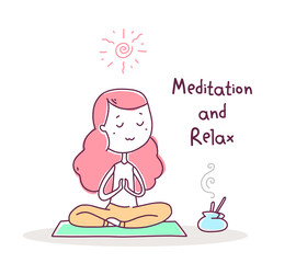 Vector illustration of beautiful happy girl in pants with pink hair is meditating.