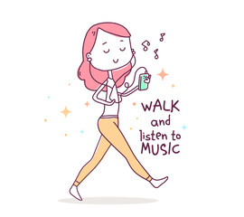 Vector illustration of beautiful happy girl in pants with pink hair walking and listening to music.