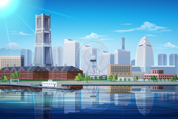yokohama japan blue daylight cityscape illustration - obrazy, fototapety, plakaty
