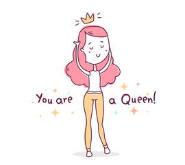 Vector illustration of beautiful happy girl in pants with pink hair and golden crown.