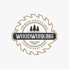 wood working vintage logo design with blade and luxury badge element.