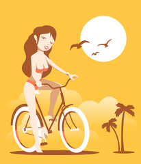 Vector illustration of beautiful happy smile girl in swimsuit on a bicycle on yellow beach background with palm trees, cloud, sun and gulls.