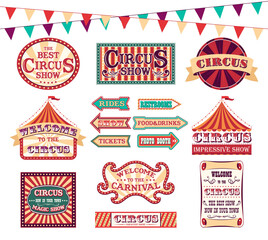 Obraz premium Cartoon Color Circus Show Labels Set. Vector