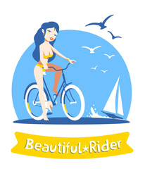 Vector illustration of beautiful happy smiling girl in swimsuit on a bicycle on beach background with blue sky, sea, sailing ship and gulls.