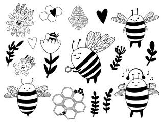 Honey Bees cute outline bee bundle. bee with honey and flower. Cute honey bees kawaii design.