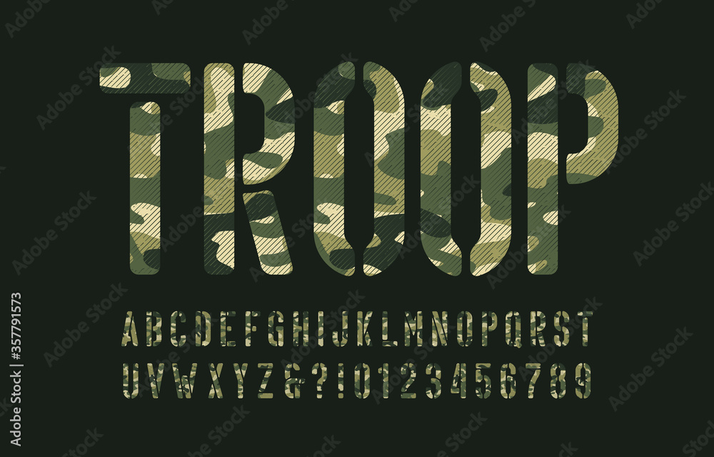 Fototapete troop alphabet font. stencil camo letters and numbers on a dark green background. vector typescript 