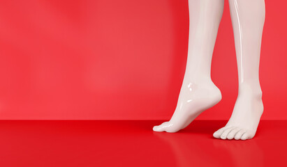 Beautiful sexy women's legs on a red background. Image to advertise a pedicure salon, Spa, or foot care. 3D rendering.