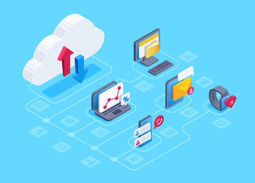 isometric vector image on a blue background, cloud icon with up and down arrows, smart devices and computers transmitting data for storage in the cloud
