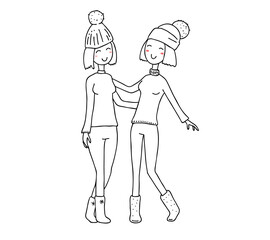 Vector illustration of beautiful happy hugging two girls in winter clothes isolated on white background. Hand drawn flat line art style girl without color