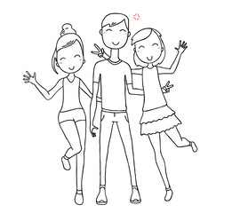 Vector illustration of happy hugging posing boy and girls in summer clothes on white background.