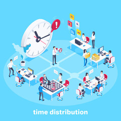 isometric vector image on a white background, watches and people working in the office, time distribution