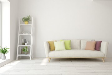 White living room with sofa. Scandinavian interior design. 3D illustration
