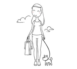 Vector illustration of happy shopping woman with dog on white background.